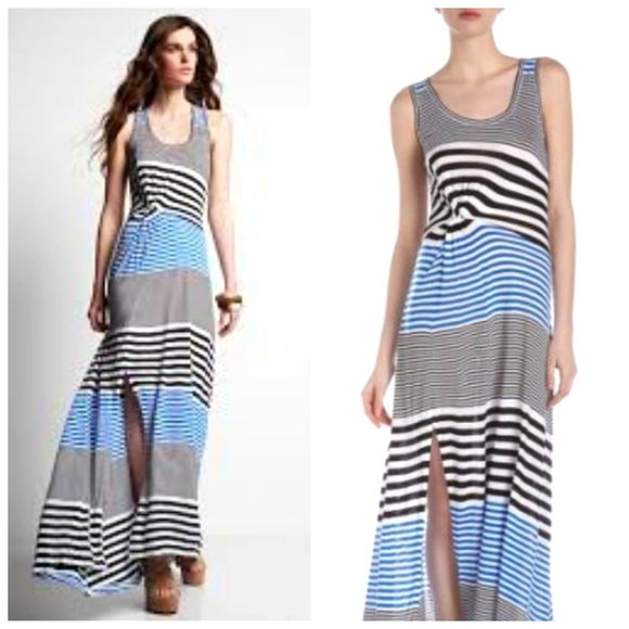 BCBG 100% Rayon Striped Ruched Maxi Dress